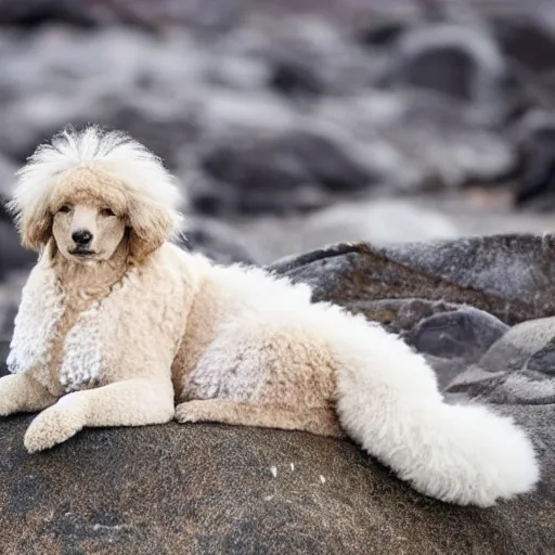 Prompt: cross between a poodle and a leppard seal, basking on arctic rocks, fluffy white curly fur, award winning photography