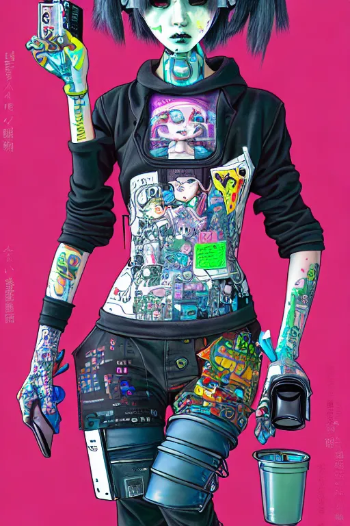 Image similar to full view, from a distance, of anthropomorphic trashcan who is cyberpunk girl, style of yoshii chie and hikari shimoda and martine johanna, highly detailed