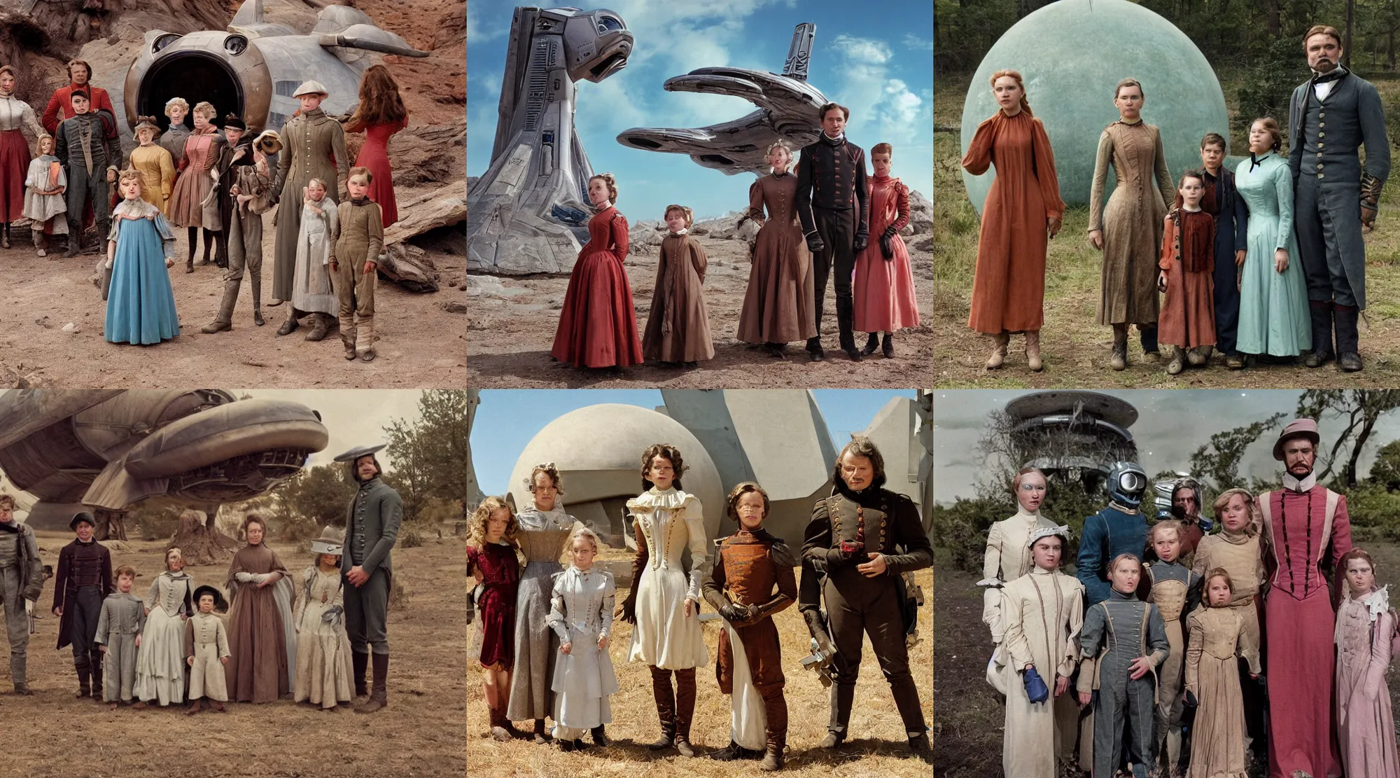 Prompt: sharp, 70mm still from a sci fi blockbuster color movie made in 2022, set in 1860, of a family standing in front of a spaceship that has just landed on an alien planet, a humanoid alien creature stands nearby, the family are all wearing 1850s era clothes, 4k, in focus faces, extremely good quality lighting, good quality photography, A list cast, famous actors, famous actresses, oscar winner