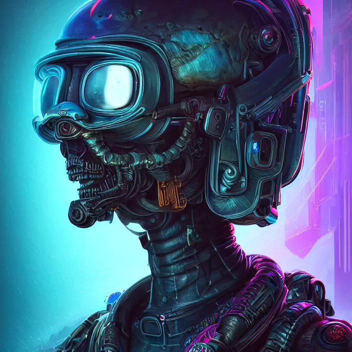 Image similar to synthwave symmetric frontal view digital portrait nanopunk space pirate, biorobotic legendary thief, epic apex legends concept, retro futuristic skull vr helmet prototype cyberware, beksinski mohrbacher shirow, sharp focus, realistic scifi masterpiece, cinematic natural light, highly intricate details, 8 k, hdr, octane render