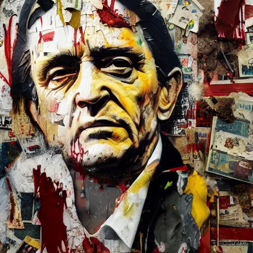 Image similar to hyperrealistic, photorealistic, mixed media oil painting of johnny cash, magazine scraps, plaster, blood, oil, mustard, cigarettes, splatter, trending on artstation, award - winning painting, greg rutkowski, basquiat, ralph steadman, terry gilliam