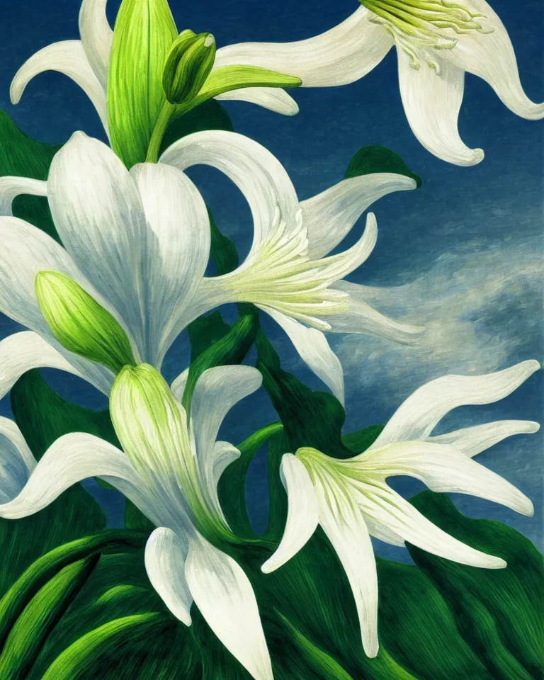 Prompt: achingly beautiful extreme close up painting of one white lily blossom by rene magritte, monet, and turner. piranesi. macro lens, symmetry, circular.