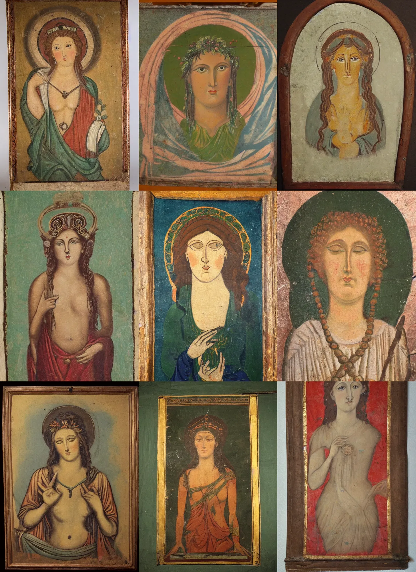 Prompt: antique celtic portrait fresco of goddess guiot, the goddess of fertility