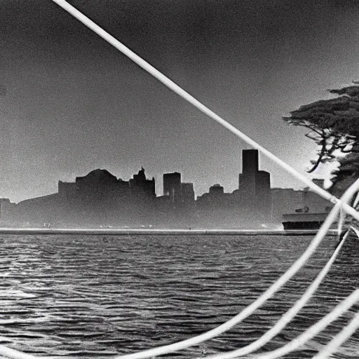 Image similar to 1 9 7 0 s, movie still frame, black and white, photorealistic highly detailed, 8 k, sit - com, body - horror, chtulhu emerges in san francisco bay, wires