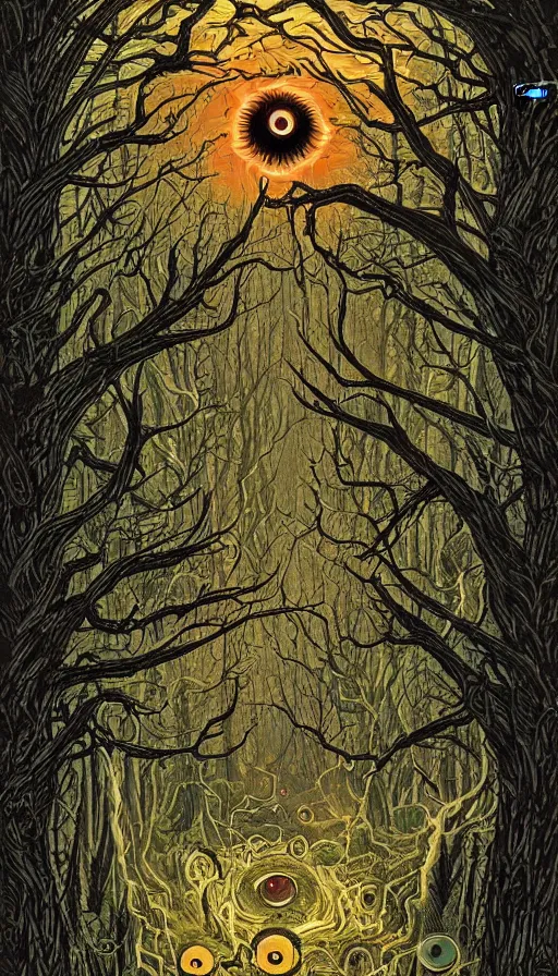 Image similar to a storm vortex made of many demonic eyes and teeth over a forest, by dan mumford,