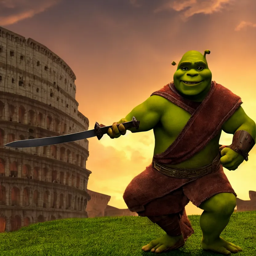 Prompt: shrek as a gladiator holding a sword, roman colosseum, sunset, cinematic lighting, volumetric lighting, award winning photography, highly detailed, intricate, sharp focus, 4 k wallpaper, unreal engine, 9 0 mm, f / 1. 4