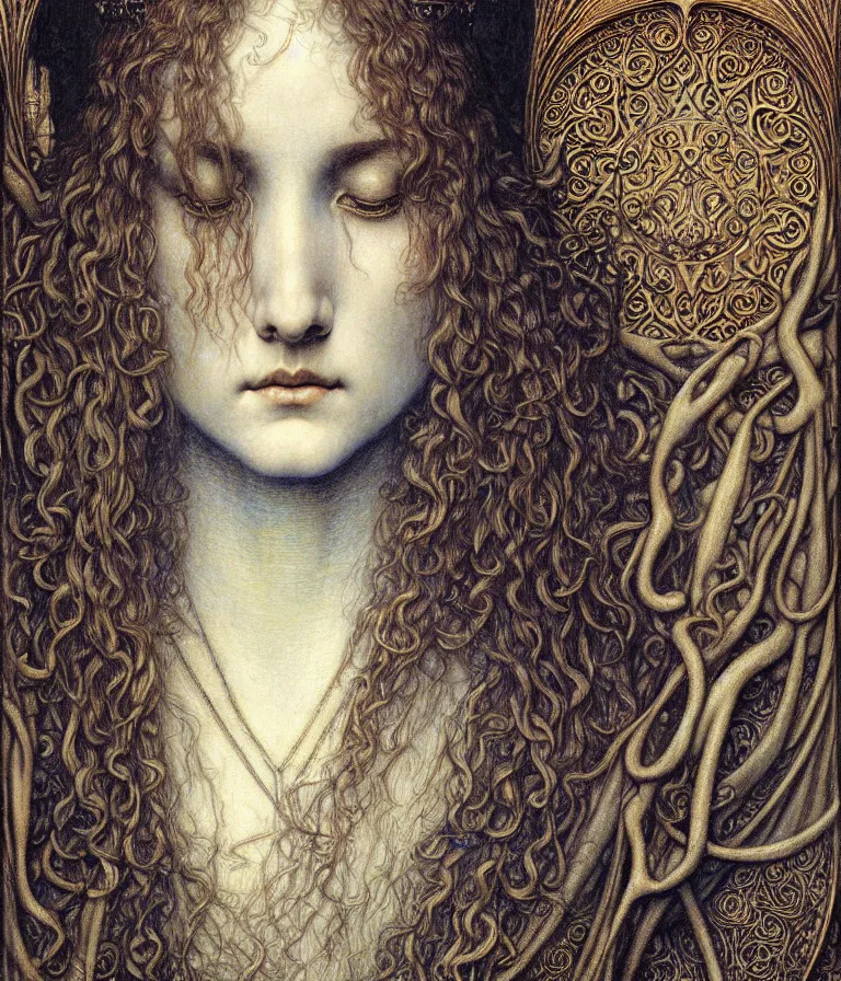 Image similar to detailed realistic beautiful young medieval queen face portrait by jean delville, gustave dore and marco mazzoni, art nouveau, symbolist, visionary, gothic, pre - raphaelite. horizontal symmetry