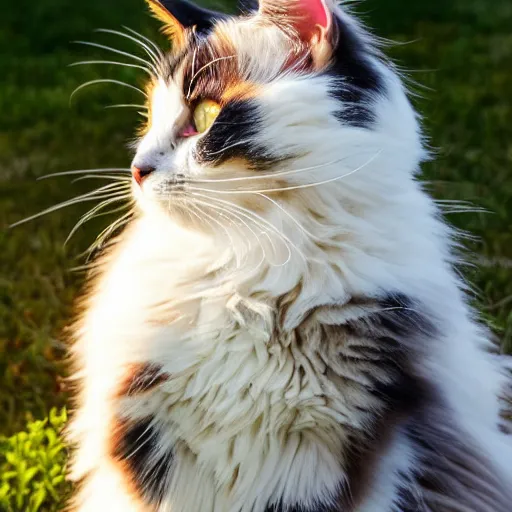 Image similar to a fluffy cute calico cat sitting on the corner of a front yard outside in the late afternoon on a beautiful summer day, sunset