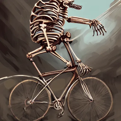 Prompt: A skeleton riding a bicycle, digital painting, hyperdetailed, trending on ArtStation