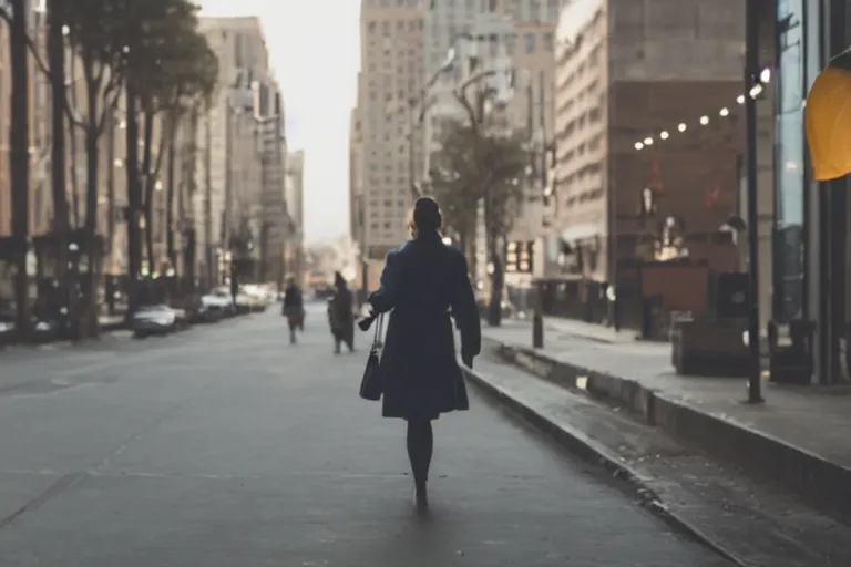 Image similar to Flim still of a woman drinking coffee, walking to work, long shot, wide shot, full shot