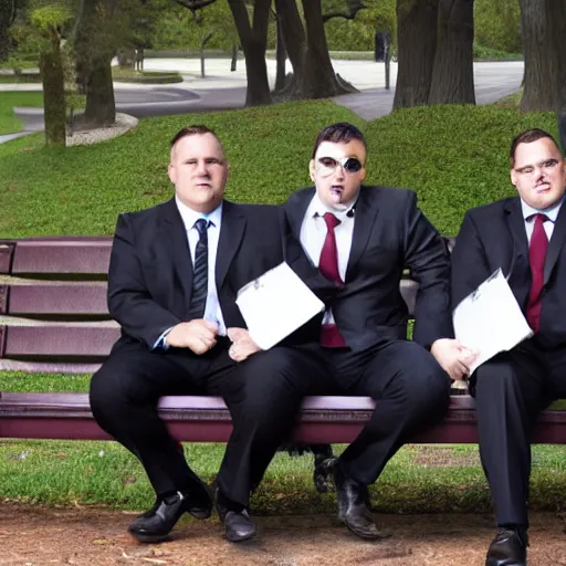 Image similar to two clean - shaven chubby white men in suits and neckties sitting on a park bench. each men are holding manila folders in their hands.