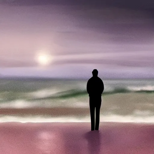 Image similar to A lone man at the beach watching the tsunami wave forming on the horizon, top post of /r/ConceptArt subreddit