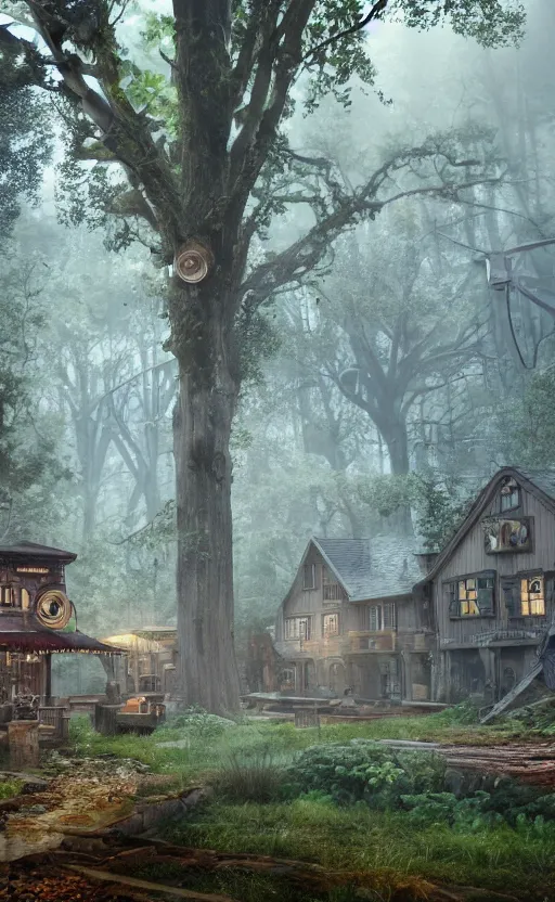 Prompt: a steampunk village in a forest, surrounded by giant trees, in the rain, photo realistic, junk everywhere, atmospheric, 8k