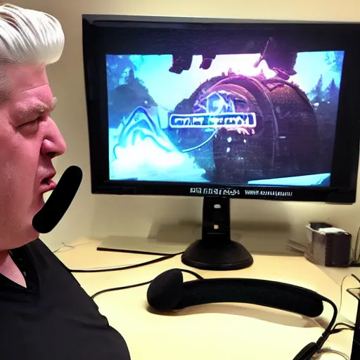 Image similar to obese David Lynch wearing a headset yelling at his monitor while playing WoW highly detailed wide angle lens 10:9 aspect ration award winning photography Twin Peaks