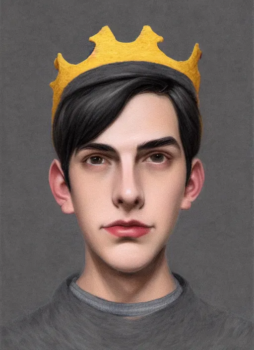 Image similar to portrait of teenage jughead jones wearing a light grey crown, photorealistic, crown made of felt fabric, crown, crown made of felt, black hair, intricate, elegant, highly detailed, digital painting, glowing lights, artstation, concept art, smooth, sharp focus, illustration, art by wlop, mars ravelo and greg rutkowski