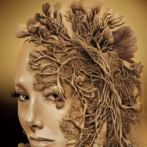 Image similar to beatifull face portrait of a woman, 150 mm, anatomical, flesh, flowers, mandelbrot fractal, facial muscles, veins, arteries, intricate, golden ratio, full frame, microscopic, elegant, highly detailed, ornate, ornament, sculpture, elegant , luxury, beautifully lit, ray trace, unreal, 3d, PBR, in the style of peter Gric , alex grey and Romero Ressendi