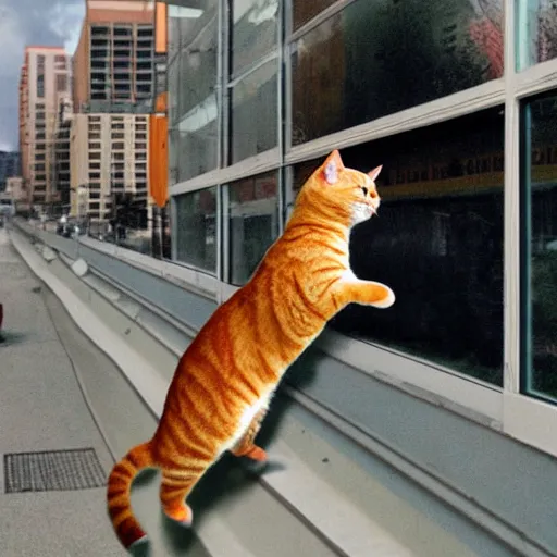 Image similar to orange tabby cat dual wielding AK-47s, while jumping backward out a window