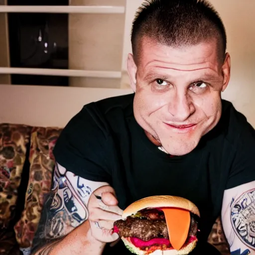 Image similar to high resolution photograph of John Joseph, the singer of the Cromags eating a cheeseburger