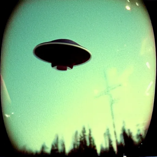 Prompt: a ufo flying at night, blurry photo, historical photo, old polaroid, expired film,