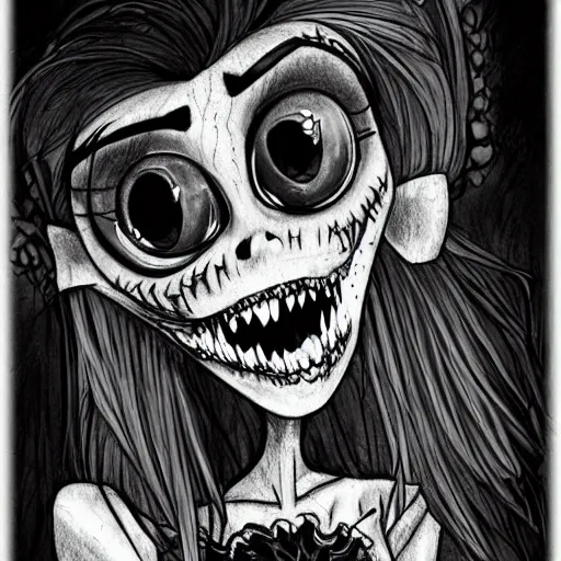 Prompt: grunge drawing of a cartoon creature with big bloody eyes and a wide smile by mrrevenge, corpse bride style, horror themed, detailed, elegant, intricate