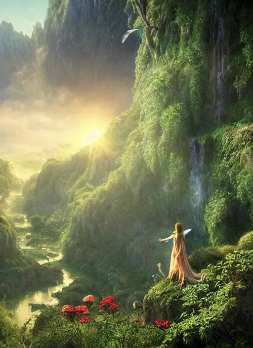 Prompt: an elegant fairy with wings of lace looking out at a lord of the rings scenery landscape, vast lush valley flowers and mushroom structures, stream, sunrise, god's rays highly detailed, vivid color, cinematic lighting, perfect composition, 8 k, gustave dore, derek zabrocki, greg rutkowski, belsinski, octane render