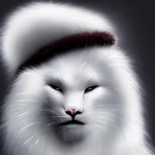 Image similar to portrait of a white panter with a very long fur and wizard hat, fantasy, trending on artstation, heroic pose, illustration, highly detailed, simple, 8k