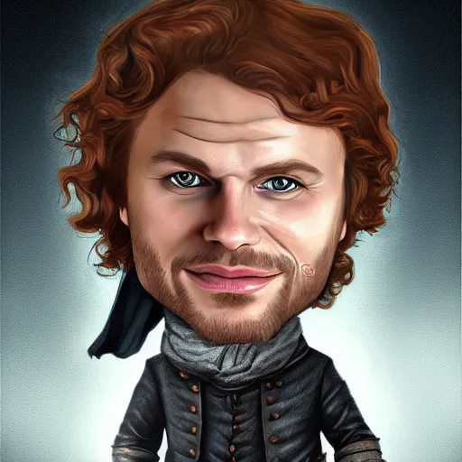 Image similar to Jamie Fraser caricature portrait by Sebastian Krüger anda Bruno Tesse trending on artstation, perfect composition, Scotland background