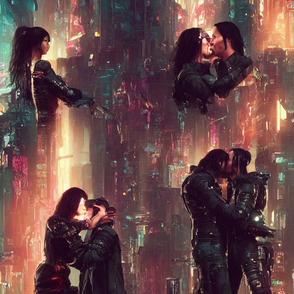 Image similar to a cyberpunk 2077 srcreenshot couple portrait of Keanu Reeves and female android final kiss,love,film lighting,by Laurie Greasley,Lawrence Alma-Tadema,Andrei Riabovitchev,Dan Mumford,John Wick,Speed,Replicas,artstation,deviantart,FAN ART,full of color,Digital painting,face enhance,highly detailed,8K,octane,golden ratio,cinematic lighting