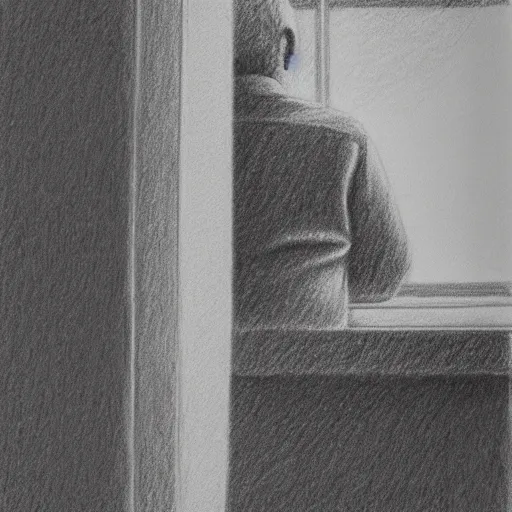 Image similar to pencil drawing of an old man in a nursing home looking out the window and remembering his youth, artistic illustration, stylized, detailed