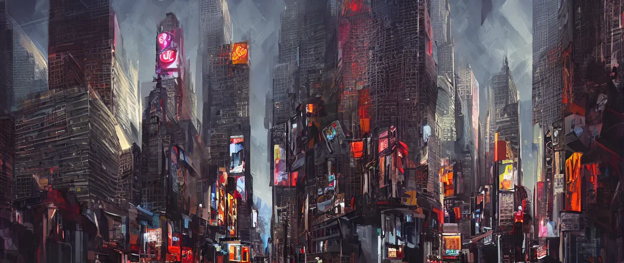 Image similar to huge modern downtown city, billboards, Times Square, dark, concept art, digital painting, style of Ian Hubert, warm lighting, futuristic, volumetric lighting, view from below, daytime, godrays , high detail