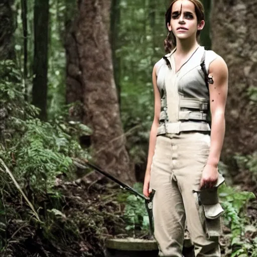 Image similar to emma watson in hunger games, full body shot, highly - detailed, sharp focus, award - winning