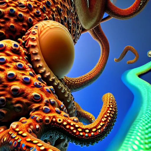 Prompt: hyperrealism photography in araki nobuyoshi dramatic scene from movie the big lebowski style computer simulation visualisation of detailed octopus riding on a astronaut back in the detailed ukrainian village in rendered in mandelbulb 4 d