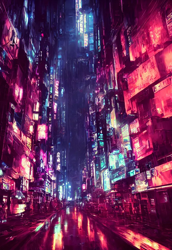Image similar to concept art of a magnificent dark neon futuristic cyberpunk city bustling street at night cyberart in the style of liam wong, dramatic and moody, masterpiece, matte finish, 8 k, high resolution, film grain