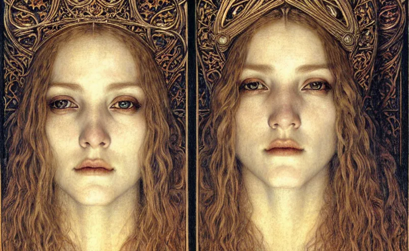 Image similar to detailed realistic beautiful young medieval queen face portrait by jean delville, gustave dore and marco mazzoni, art nouveau, symbolist, visionary, gothic, pre - raphaelite. horizontal symmetry