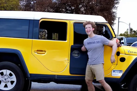 Image similar to a photo taken from a distance of mark zuckerberg laying on the hood of a yellow jeep in the street of a suburban neighborhood