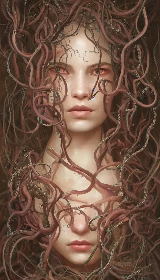 Prompt: very detailed portrait of a 2 0 years old girl surrounded by tentacles, the youg woman visage is blooming from fractal and vines, by greg rutkowski