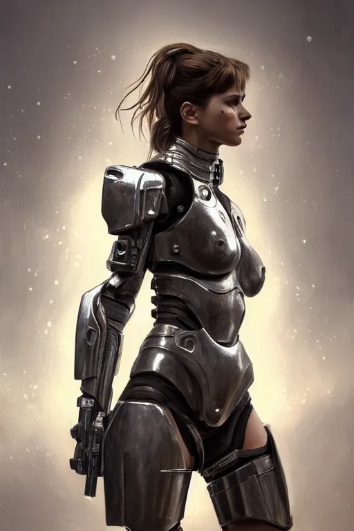 Prompt: a photorealistic painting of an attractive young girl, partially clothed in metal-plated battle armor, wielding a plasma rifle, dirty olive skin, long dark hair, beautiful bone structure, perfectly symmetrical face, perfect eyes, intricate, elegant, digital painting, concept art, illustration, sharp focus, minimal artifacts, volumetric lighting, from Metal Gear, in the style of Ruan Jia and Mandy Jurgens and Greg Rutkowski, trending on Artstation, award winning