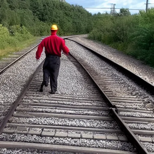 Prompt: man stops train and throws rocks to cars in the highway