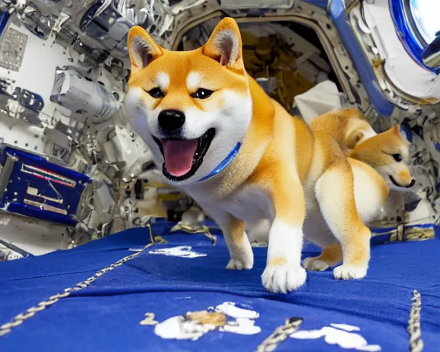 Prompt: shiba inu astronaut repairing the international space station