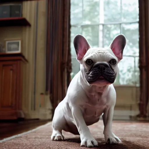 Image similar to A white french bulldog as the president of the united states, 8k hdr movie still, dynamic lighting, detailed