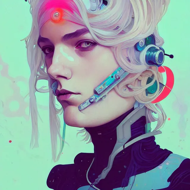 Prompt: a beautiful portrait painting of a ( cyberpunk ) white hair girl by ( sachin teng ) and pascal blanche and alphonse mucha and nekro and josan gonzalez. in style of digital art. colorful comic, film noirs, symmetry, brush stroke, vibrating colors, hyper detailed. octane render. trending on artstation