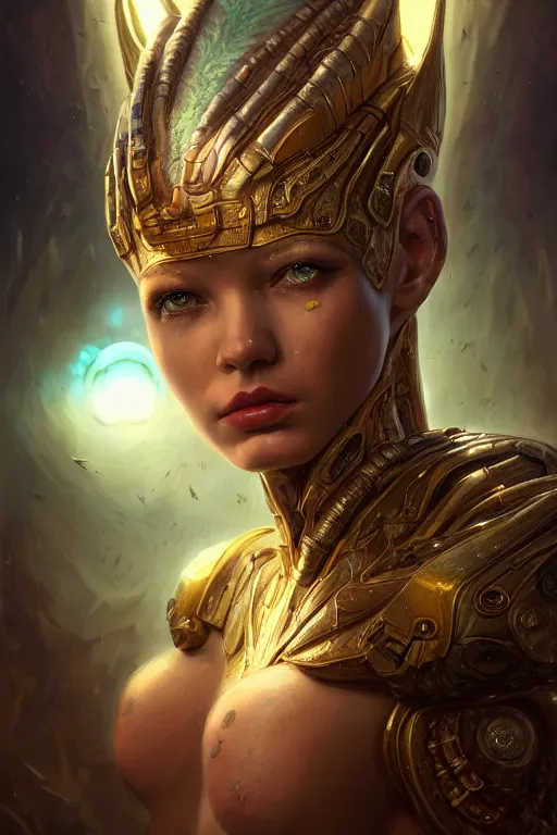 Image similar to portrait oils, beautiful female hybrid cyborg atlantean anubis hada elsa jean alien warrior, regal, realistic, refined, detailed, digital art, jessica rossier, michael cheval, esao andrews, steampunk, walt disney, francois boucher, oil painting, highly detailed, cinematic lighting, unreal, natural tpose