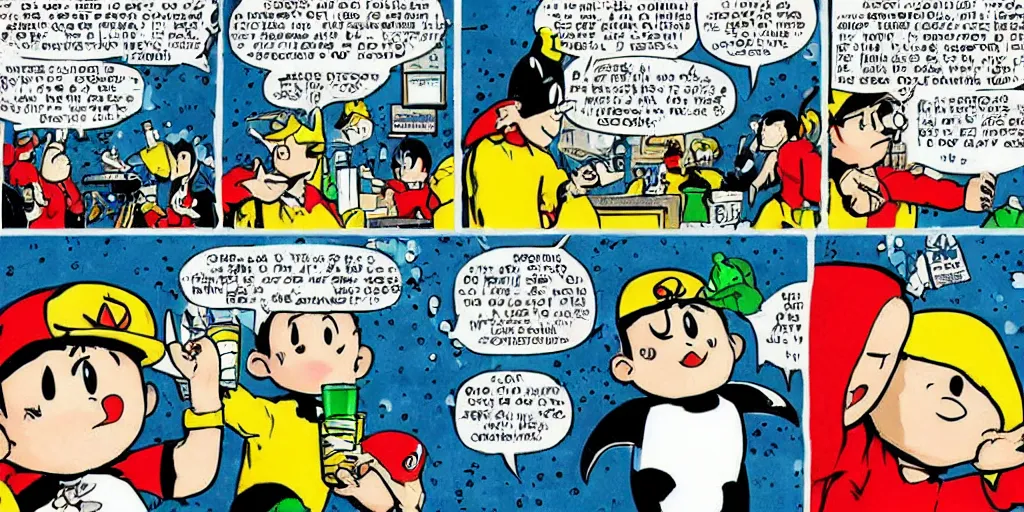 Prompt: Ness from Earthbound Aquaman and a Penguin having drinks at a bar, comic book style