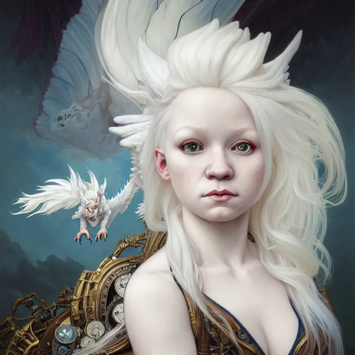 Prompt: excellent painted portrait of a albino girl with white hair and a fringe, steampunk art, with a nordic white dragon flying on the background, character artwork, 8k resolution artwork, trending on artstation, detailed oil painting portrait, art by artgerm and greg rutkowski and alphonse mucha and craig mullins and James Jean and Andrei Riabovitchev and Marc Simonetti and peter mohrbacher, matte painting