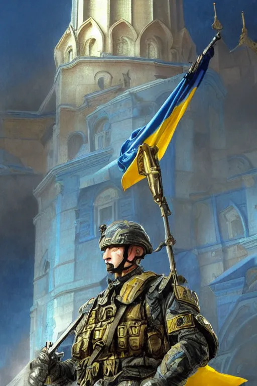 Image similar to special forces soldier raising ukrainian blue and yellow flag on st. basil cathedral, masculine figure, d & d, fantasy, bright atmosphere, volumetric lights, intricate, elegant, extremely detailed, digital painting, artstation, concept art, matte, smooth, sharp focus, hyper realistic, illustration, art by artgerm and greg rutkowski and alphonse mucha