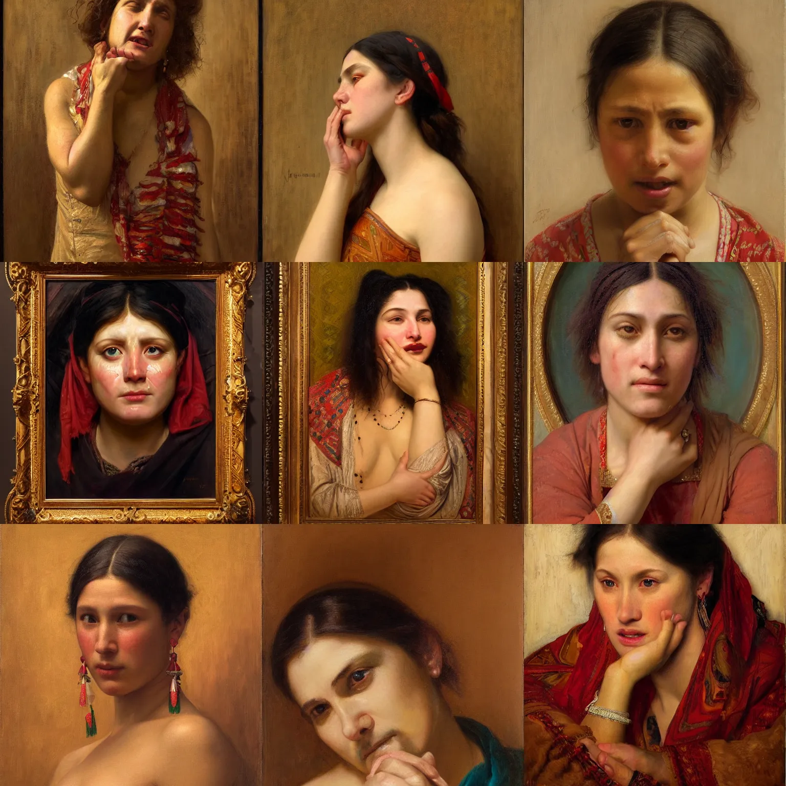 Prompt: orientalism crying sobbing tears mouth open face portrait by Edwin Longsden Long and Theodore Ralli and Nasreddine Dinet and Adam Styka, masterful intricate art. Oil on canvas, excellent lighting, high detail 8k