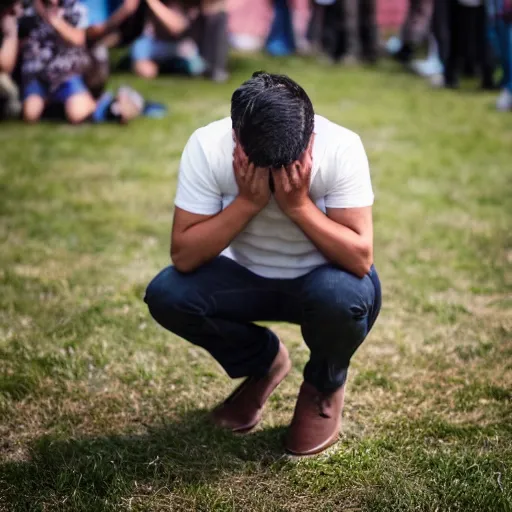 Prompt: close up photo of staling standing on his knees, crying so bad, and asking for forgiveness from hundreds of thousands of people