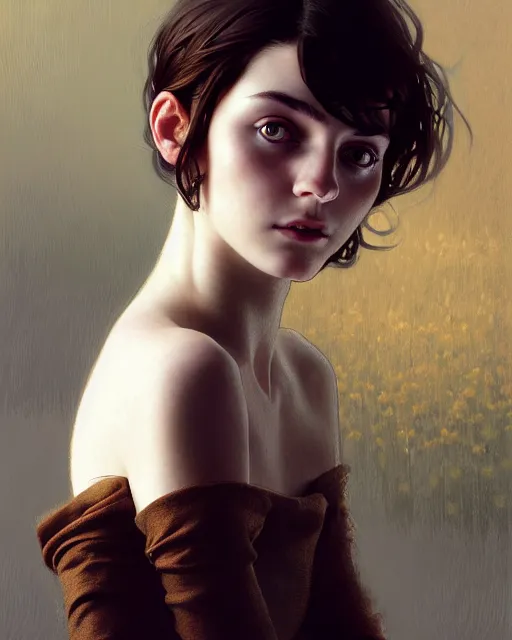 Image similar to portrait of a welsh teenage girl with brown hair, dark brown eyes, glowing skin, delicate features, quiet beauty, amelie poulain, fantasy, intricate, elegant, dress shirt, highly detailed, digital painting, artstation, concept art, smooth, sharp focus, illustration, art by Krenz Cushart and Artem Demura and alphonse mucha