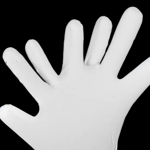 Image similar to a disembodied 5 - fingered white gloved hand waving out from behind a dark doorway