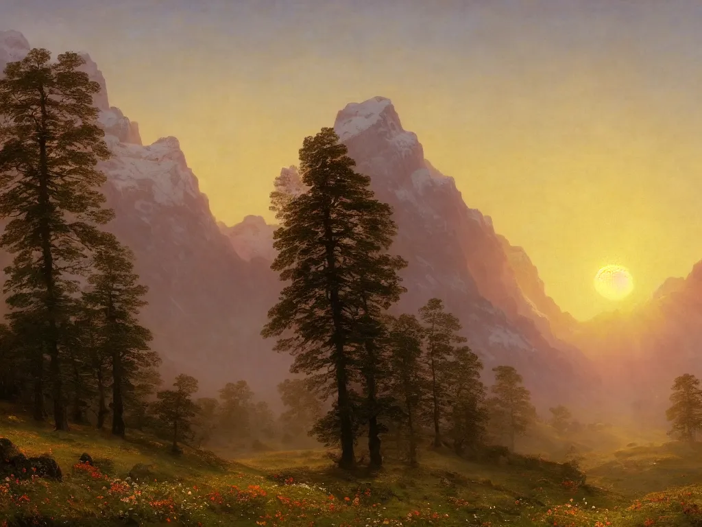 Prompt: epic landscape with rolling hills, groups of old trees with flower meadows and misty mountains with snowy tops in the far background in the light of a beautifyl sunrise by alexandre calame and bob ross, godrays, golden ratio, velvia 5 0, large format camera, artstation, vray render